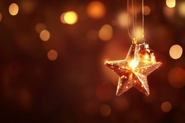 A shimmering gold star ornament dangles gracefully from a delicate string, capturing the enchanting spirit of Christmas in every twinkling detail.
