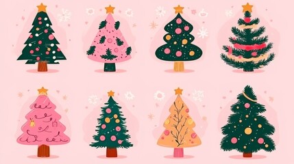 Cheerful Christmas tree illustrations with colorful ornaments and patterns on a pastel pink background, blending festive whimsy with playful holiday creativity