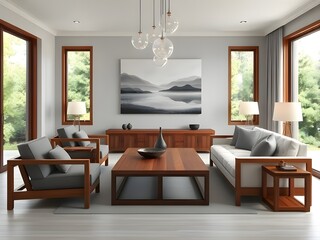 Mid-century style home interior design of modern living room. White sofa and blue leather chairs near wooden coffee table.