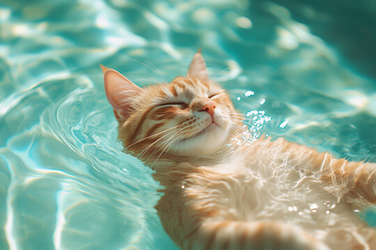 a cat floating in a body of water in the pool, Lean back,clear and transparent water,