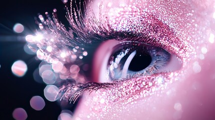 Glittery concert makeup close-up with soft-focus venue in the background, featuring concert series schedule text overlay, perfect for event promo ads