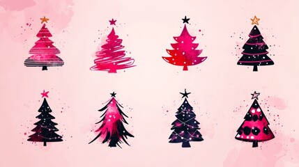 Obraz premium Modern artistic collection of pink and magenta abstract Christmas tree sketches on a textured background, emphasizing bold creativity and vibrant holiday aesthetics for unique decorations