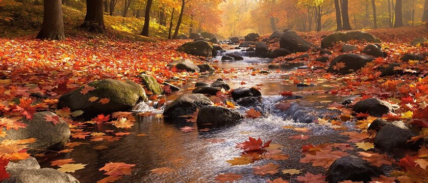 A carpet of vibrant autumn leaves crunches beneath the feet of a gentle stream, autumn colors, natural sounds, fall foliage., scenery