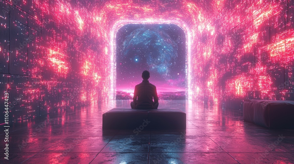 Poster futuristic technology neon light background, empty space with reflection light on floor scene, inter