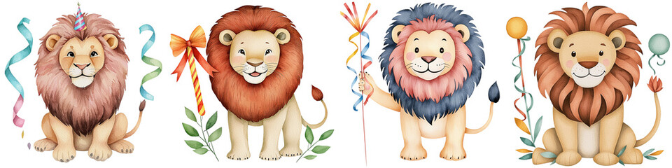 Baby Nursery birthday watercolor clipart, Four cheerful lions with varied manes and playful expressions, adorned with decorative elements.