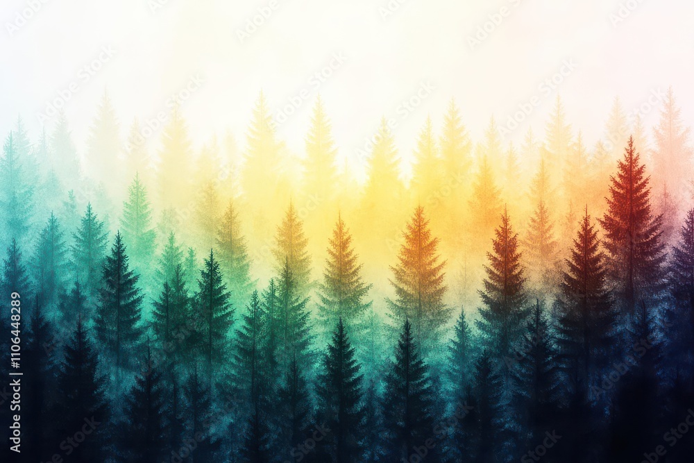 Aufkleber enchanting forest scene with gradient watercolor light filtering through from golden to emerald hues