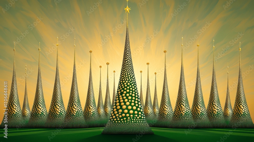 Poster glowing futuristic christmas tree forest under golden twilight skies with geometric patterns and ill