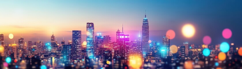 Obraz premium Festive cityscape with glowing lights in papercut style, New Year theme, top view urban joy digital tone Analogous Color Scheme