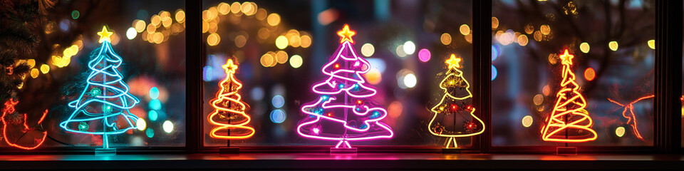 neon light Christmas trees background