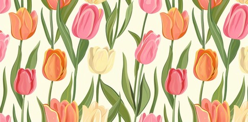Colorful spring tulips pattern with vibrant yellow, pink, orange, and red flowers on a light background, perfect for fabric or wallpaper design.
