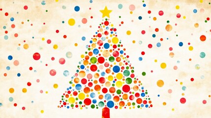Festive Christmas tree illustration with vibrant multicolored circles arranged in a playful pattern on a light background, perfect for creative holiday projects