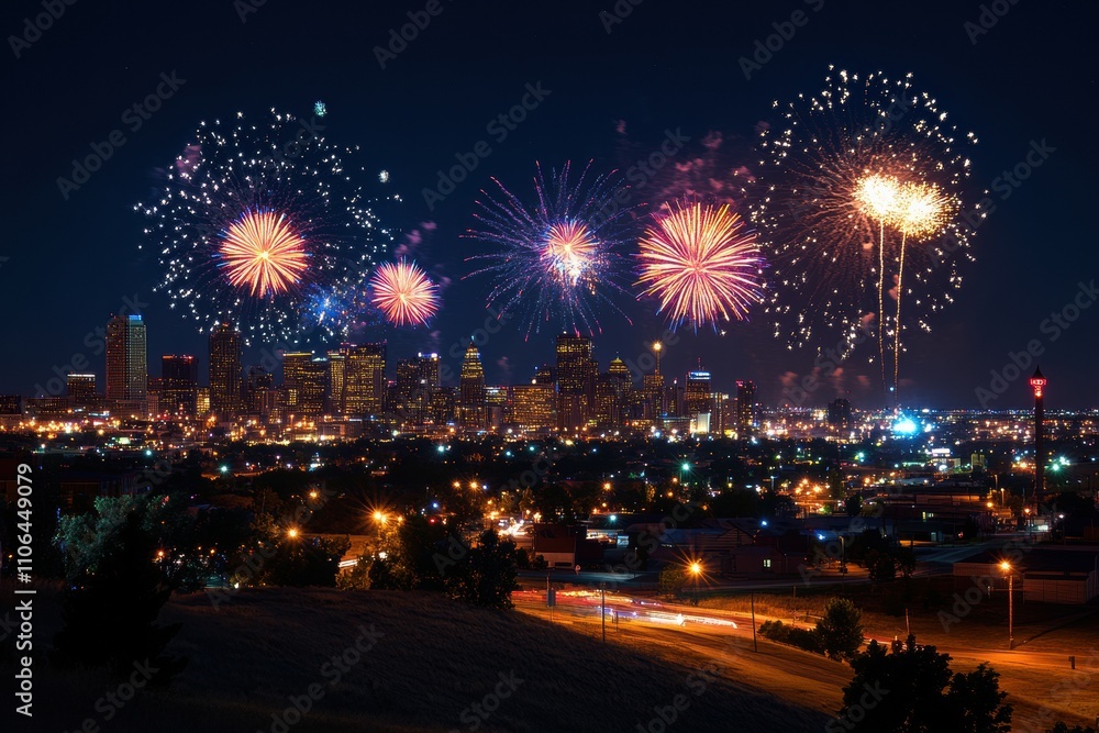 Aufkleber colorful fireworks burst in the night sky above a sparkling city skyline, creating a festive atmosph