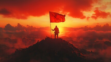 A rugged road with fallen debris and deep trenches, but a figure planting a flag on a distant summit, illuminated by the first light of dawn overcoming the toughest of challenges