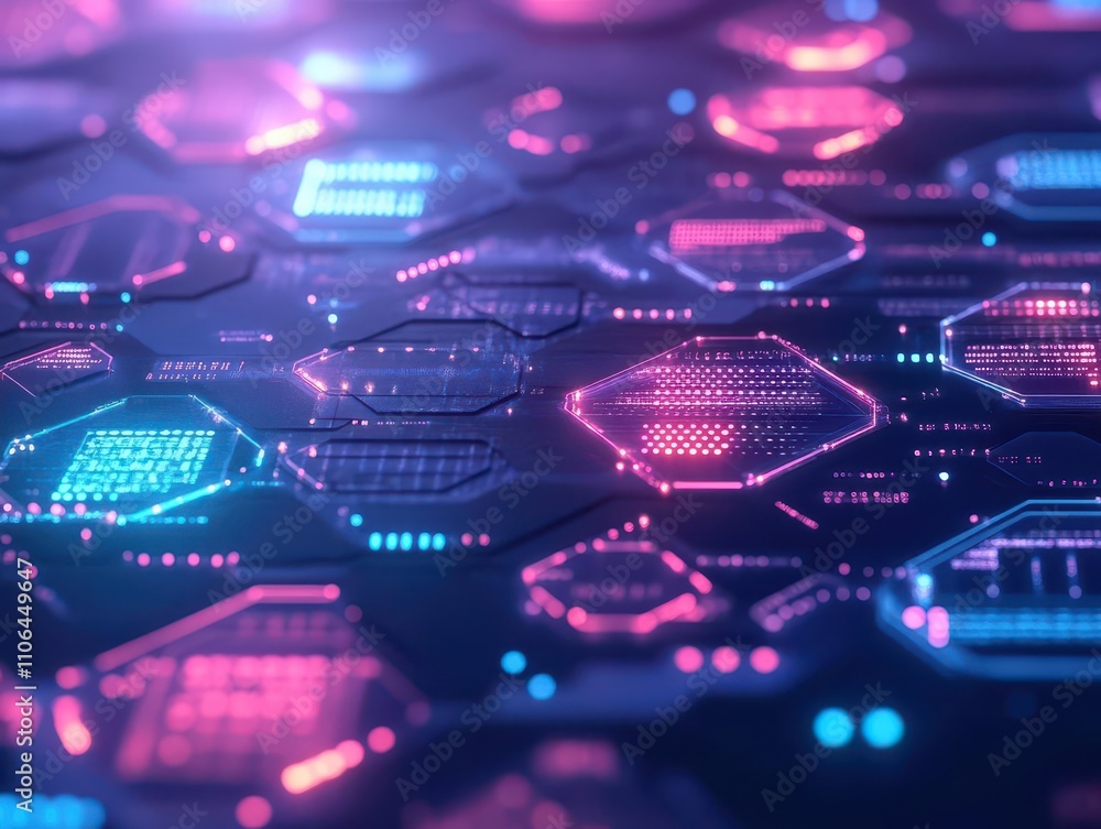 Poster hexagonal digital panels glowing with shifting data, macro closeup, soft shadowed lighting