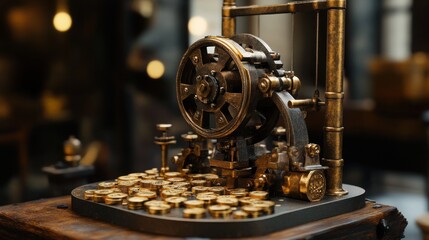 Obraz premium Intricate steampunk-style device with brass and bronze gears, creating a captivating vintage aesthetic. The golden-toned components contrast beautifully against the dark wood base.
