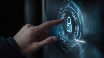 A hand reaches out to activate a digital lock on a futuristic interface.  The glowing blue padlock symbol represents security and data protection.