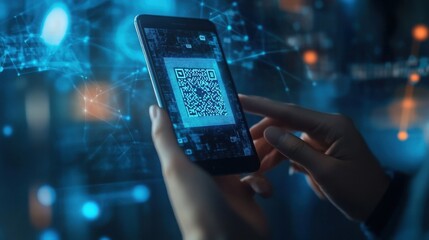 Close-up of hands holding a smartphone displaying a QR code.  The digital background emphasizes technological advancement.
