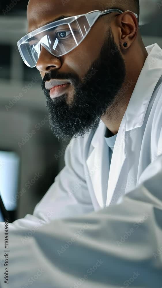 Poster researcher analyzes data in laboratory setting with focus on technology and scientific exploration