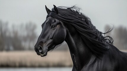 Black Stallion Portrait with Windswept Mane