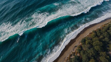 Fototapeta premium Aerial View of Waves Crashing on a Sandy Beach