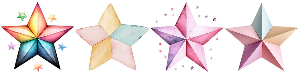 Obraz premium Baby Nursery birthday watercolor clipart, A collection of colorful, star-shaped designs featuring various hues and patterns.