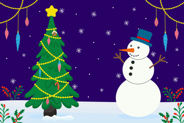 Festive winter scene with decorated Christmas tree and cheerful snowman in a snowy landscape