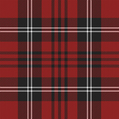 Christmas and new year tartan plaid. Scottish pattern in black, red and yellow cage. Scottish cage. Traditional Scottish checkered background. Seamless fabric texture. Vector illustration