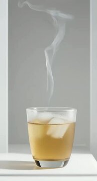 A close-up image of a glass filled with tea and ice cubes. Steam rises from the surface, creating a sense of warmth and tranquility. The simple compos
