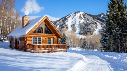 picturesque cabin surrounded by snow covered trees and mountains, with smoke rising from chimney, creating cozy winter atmosphere