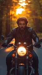 Biker riding motorcycle on road at sunset