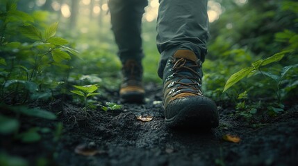 Hiker walking on muddy trail in lush forest