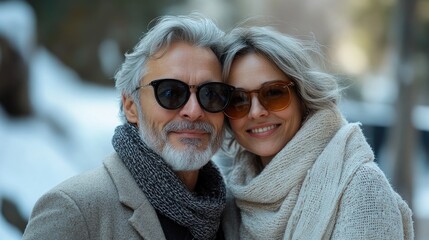 Stylish senior couple wearing sunglasses and winter coats smiling together outdoors