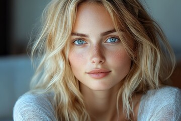 Naklejka premium Portrait of beautiful blond young woman with freckles showing natural beauty