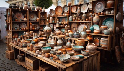 Handcrafted Pottery Stand at a Vibrant Artisan Market