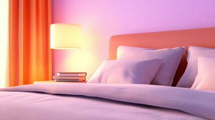 Cozy bedroom with soft lighting and a stack of books on the bedside table, AI