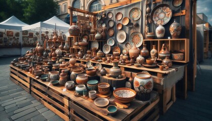 Fototapeta premium Handcrafted Pottery Stand at a Vibrant Artisan Market