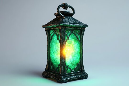 Medieval fantasy lantern glowing with green light on white background