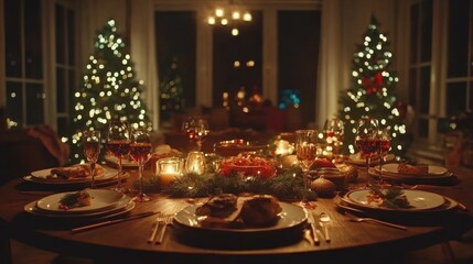 Flickering candles cast a warm glow on a festive table, adorned with elegant plates and sparkling glasses, evoking the joy of Christmas celebrations.