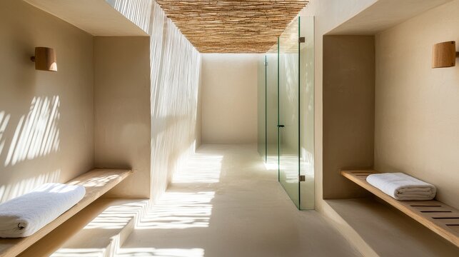Minimalist hostel washroom, frosted glass partitions, accessible facilities, secure shower benches, wide space for easy movement, inclusive design