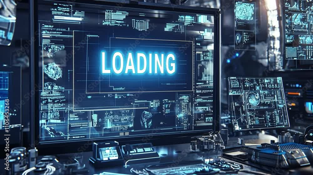 Poster innovative abstract visuals depicting a futuristic loading interface with glowing elements