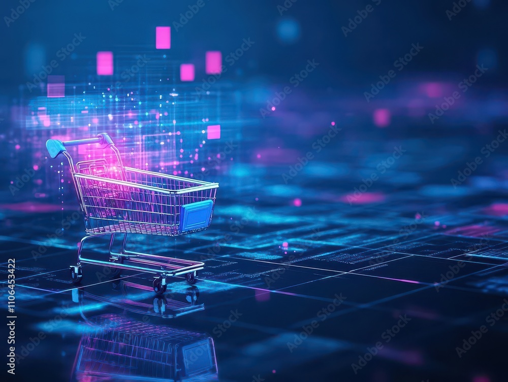 Poster shopping cart in a tech grid with upwardmoving lights cybernetic tone monochromatic color scheme