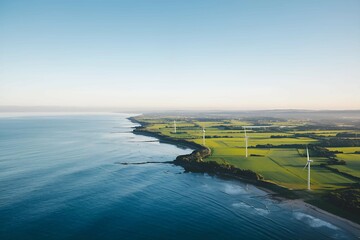 coastal landscape with wind turbines harnessing renewable energy from nature