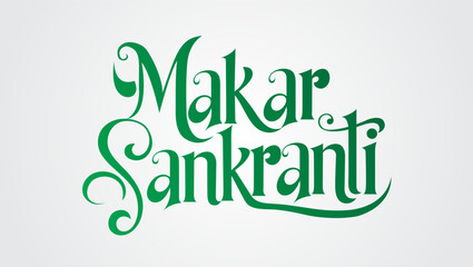 The image highlights the Hindu festival of Makar Sankranti, with Makar Sankranti in a decorative green and black gradient font Blue and white swirls add a festive touch