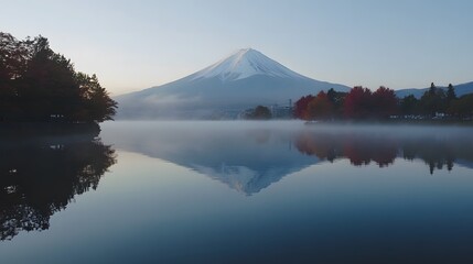 Majestic Fuji reflected in serene lake at dawn, autumn foliage.