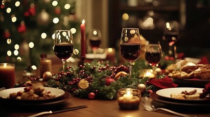 Naklejka premium Twinkling lights adorn a cozy room filled with festive cheer, where two glasses of red wine await beside a spread of delicious holiday treats.