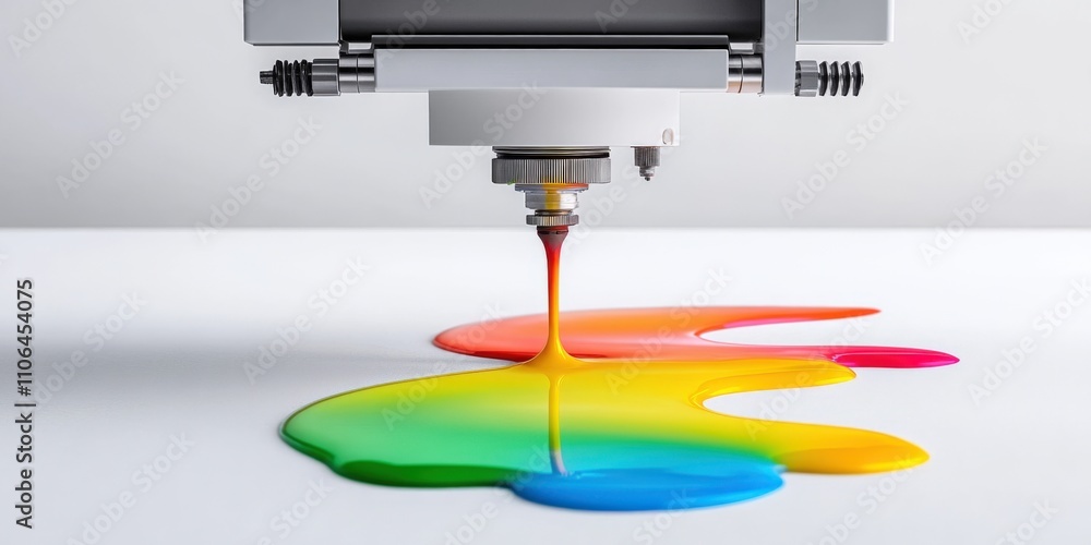 Aufkleber close-up of 3d printing nozzle creating colorful multicolored liquid pattern on white surface