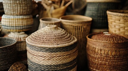 Close-Up View of Handwoven Wicker Baskets