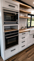 Obraz premium Modern kitchen with sleek appliances and open shelving design, AI