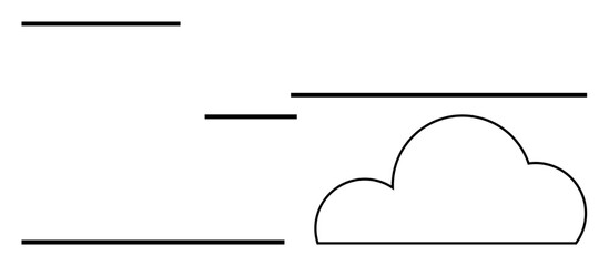 Black cloud with horizontal lines suggesting wind movement. Ideal for weather, simplicity, minimalism, nature, graphic design, abstract art, and background concepts. Line metaphor