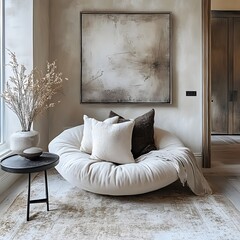  Cozy nook with a round snuggle chair, soft pillows, abstract art, and decorative vases in a neutral toned space. Shabby chic french country interior design of modern hall, home entryway. 